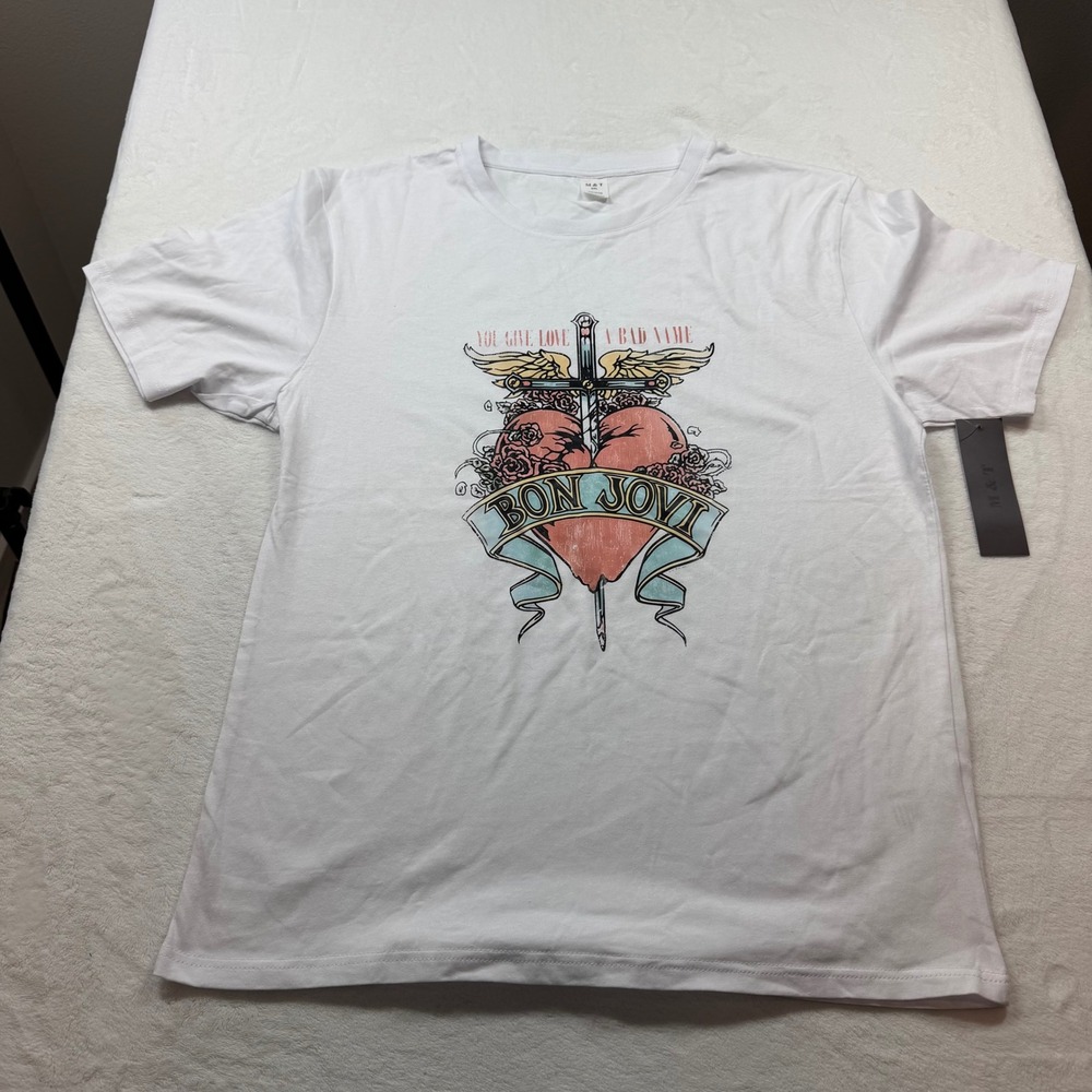 M&T Bon Jovi Graphic T-Shirt Unisex 2XL White NEW You Give Love A Bad Name Rock
